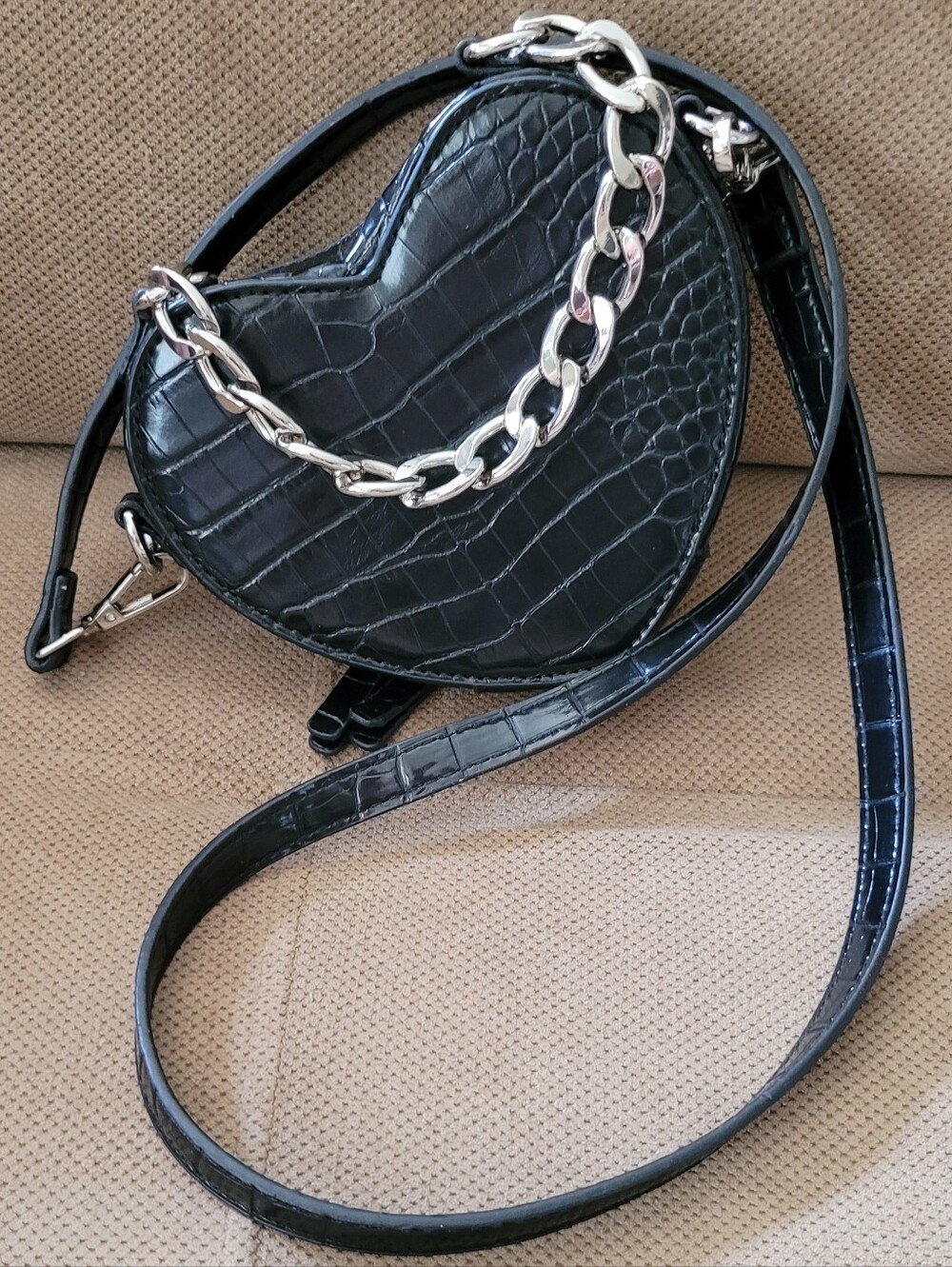Urban Outfitters Very Detailed Little Handbag  Black Croc-embossed Silver Chain